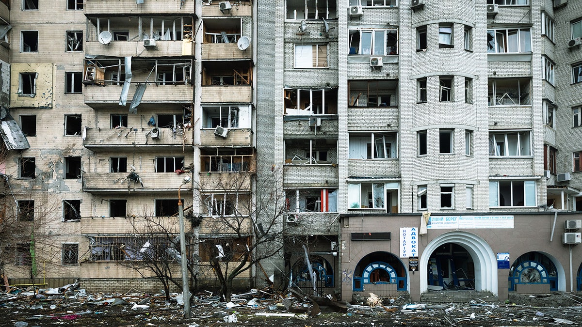 A Kyiv, Ukraine, apartment building is seen heavily damaged during ongoing military operations, Feb. 25, 2022.