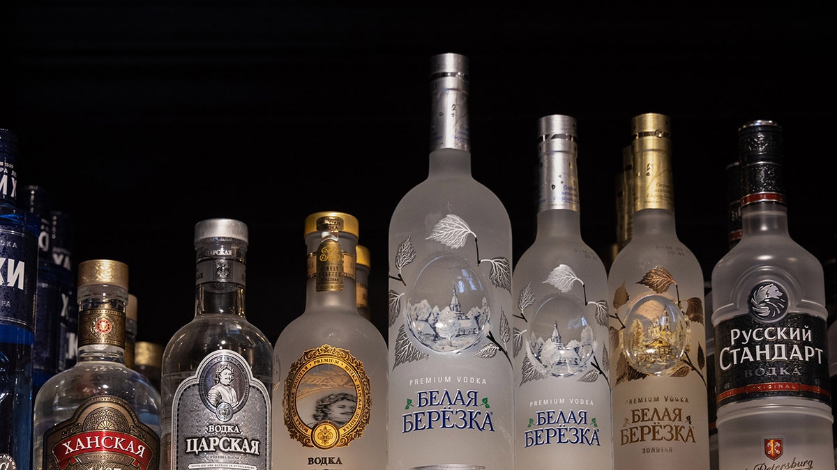 Russia vodka bottles on a store shelf