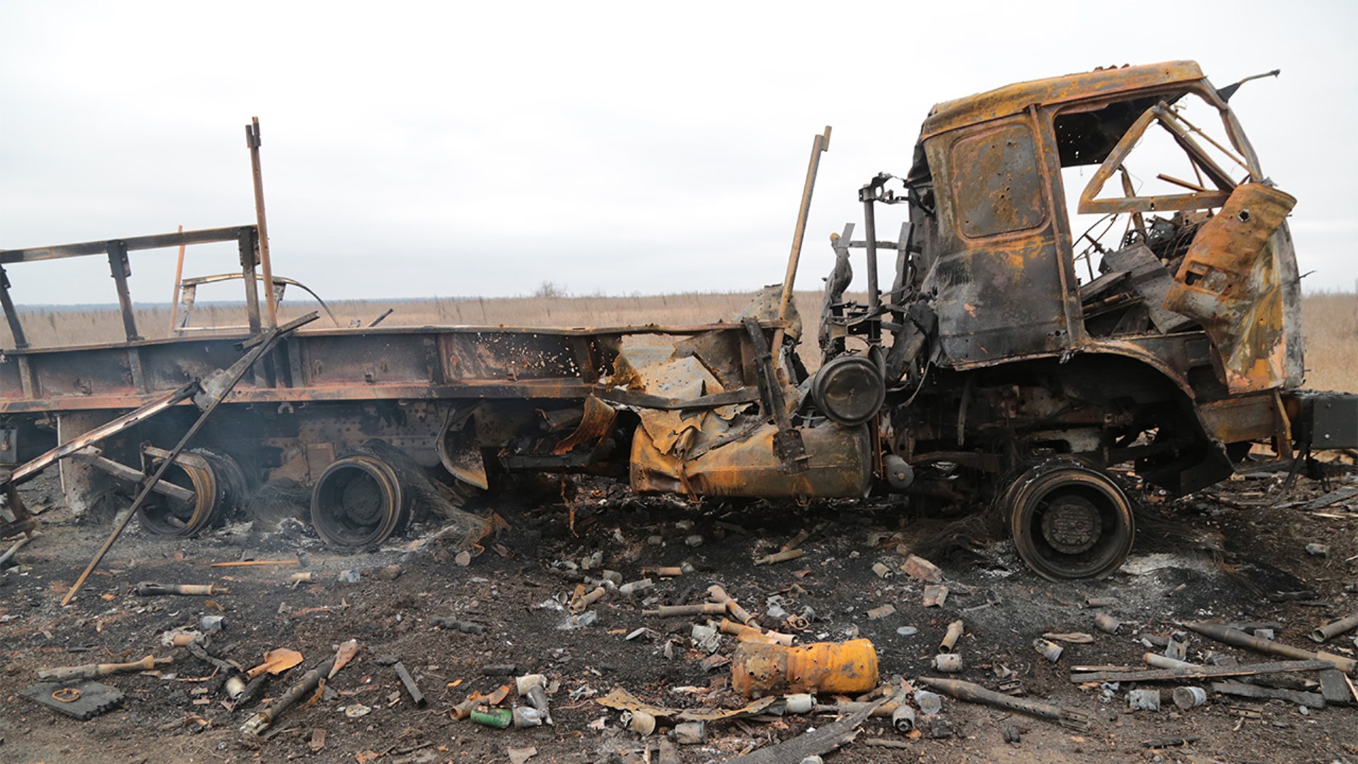 A view of a damaged vehicle in village of Nikolaevka, Donetsk region, Ukraine after Russian forces and the pro-Russian separatists, self-proclaimed Donetsk People's Republic (DNR) took control of the village on February 27, 2022.
