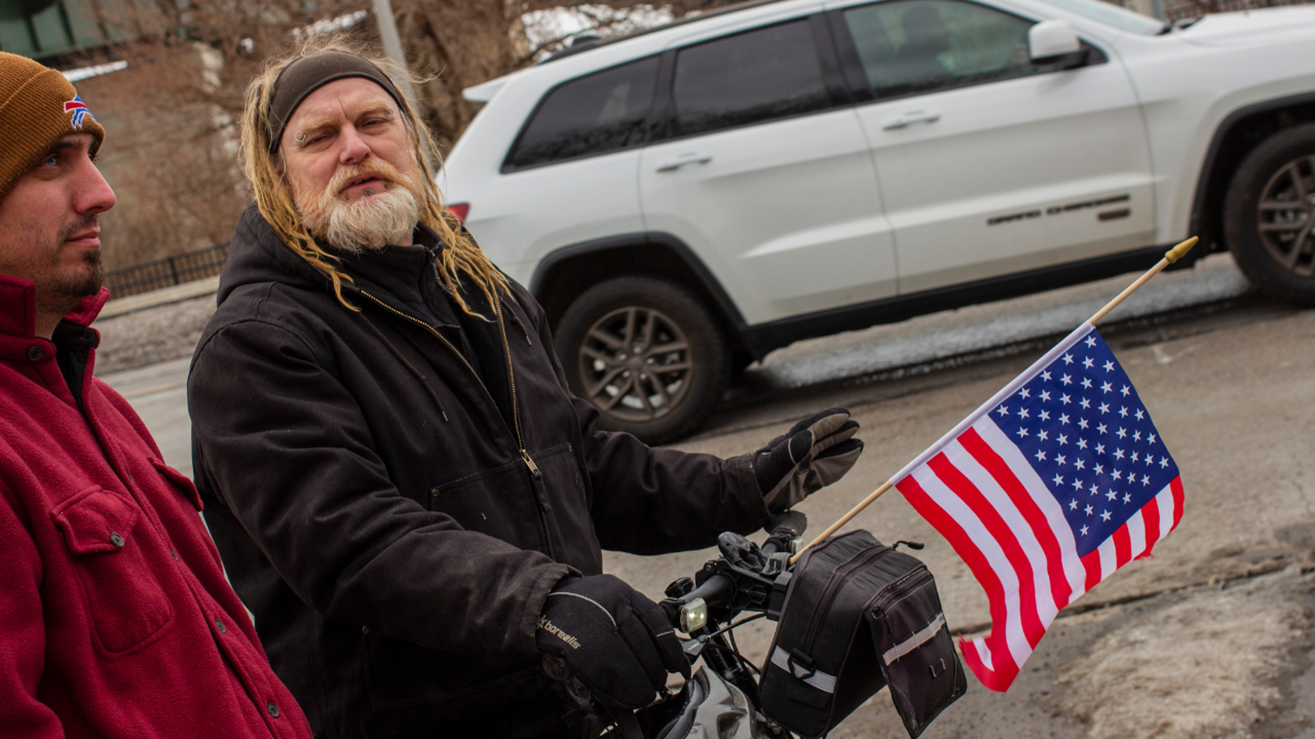 Protesters gather at the Buffalo Peace Bridge near the U.S and Canada border.