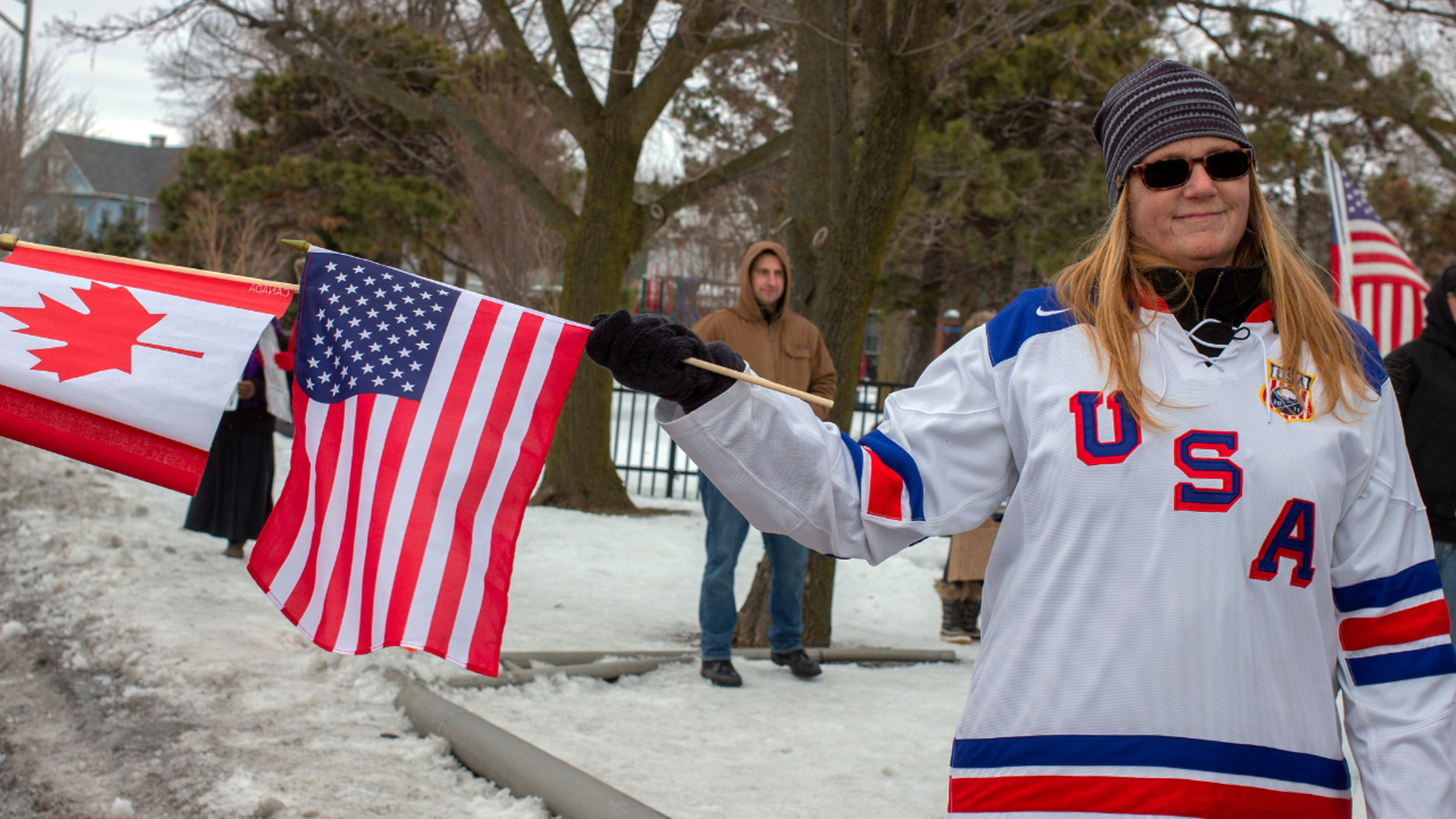 Protesters gather at the Buffalo Peace Bridge near the U.S and Canada border.