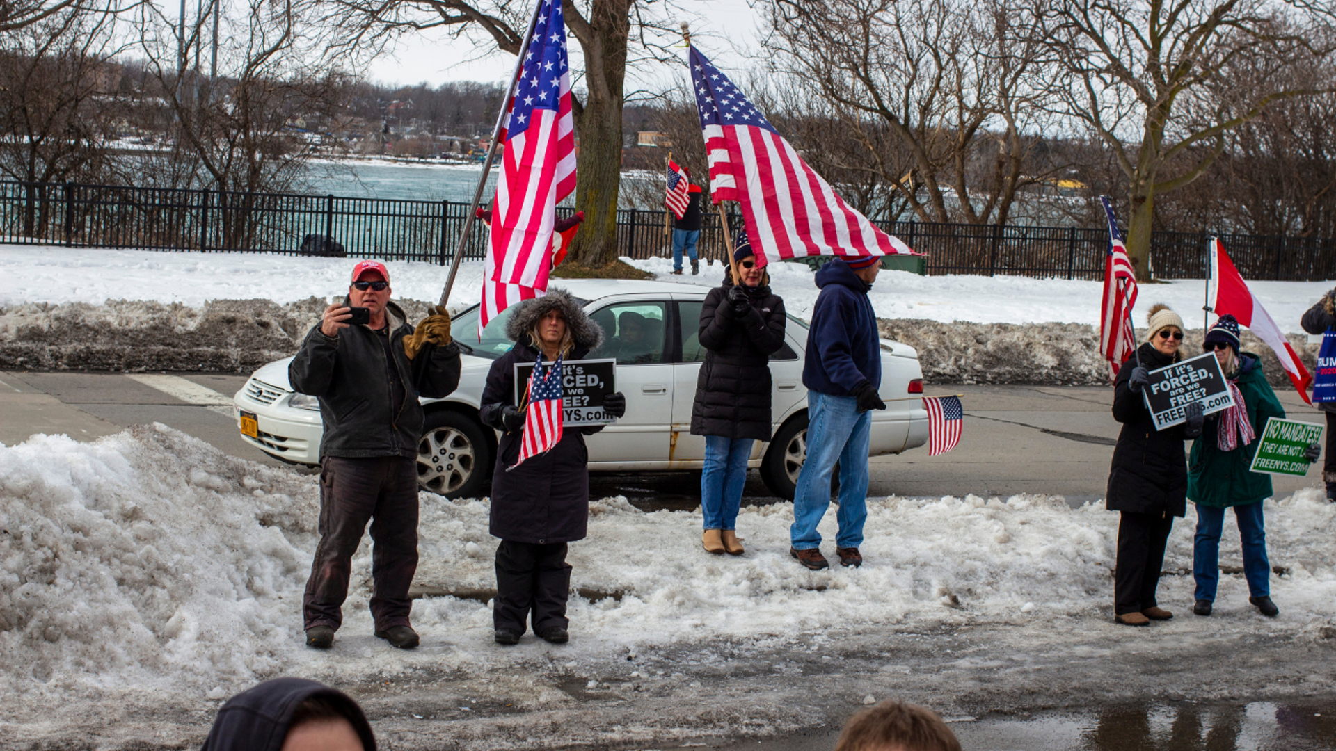 Protesters gather at the Buffalo Peace Bridge near the U.S and Canada border.
