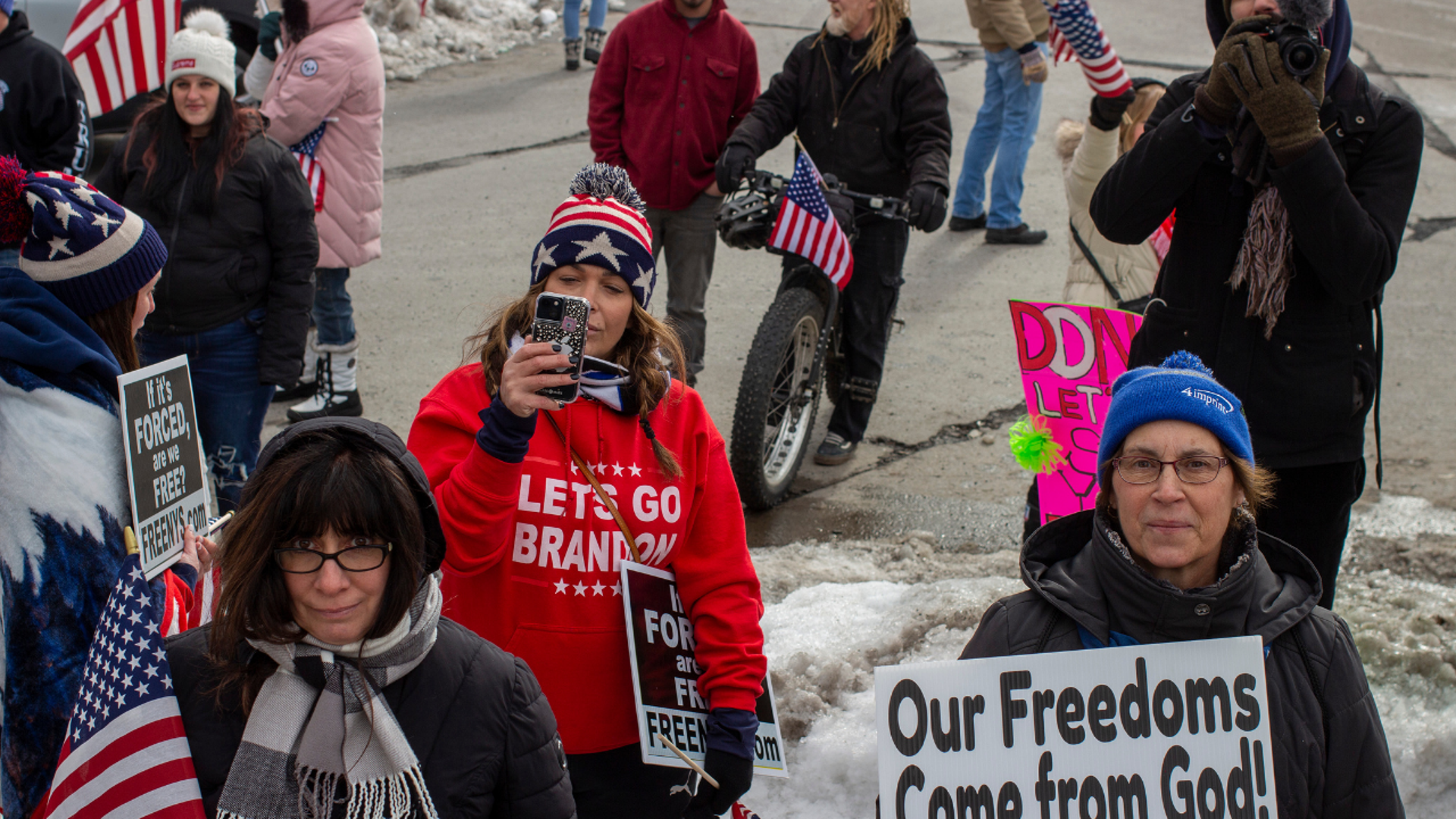 Protesters gather at the Buffalo Peace Bridge near the U.S and Canada border.