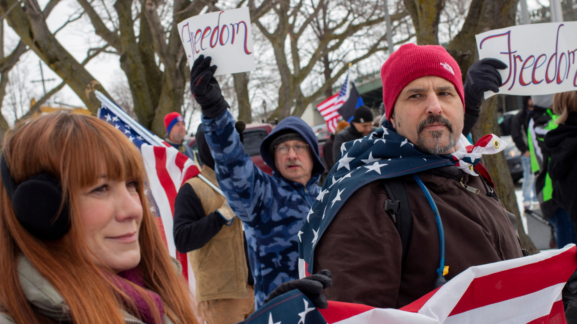 Freedom Convoy protesters gather near the Buffalo Peace Bridge.