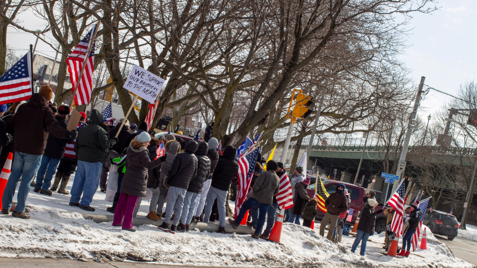 Freedom Convoy protesters gather near the Buffalo Peace Bridge.