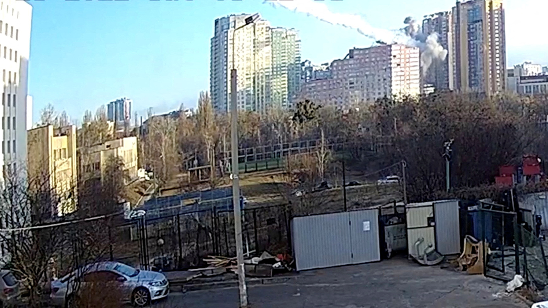 Surveillance footage shows a missile hitting a residential building in Kyiv, Ukraine, February 26, 2022, in this still image taken from a handout video.