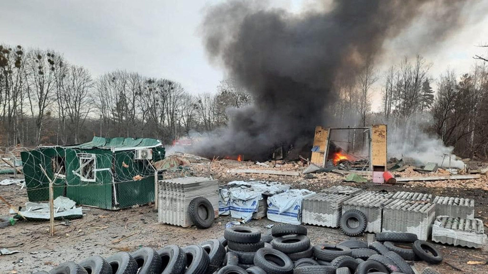 A view shows the Ukrainian State Border Guard Service site damaged by shelling in Kyiv region, Ukraine, in this handout picture released February 24, 2022. Press service of the Ukrainian State Border Guard Service/Handout via REUTERS 