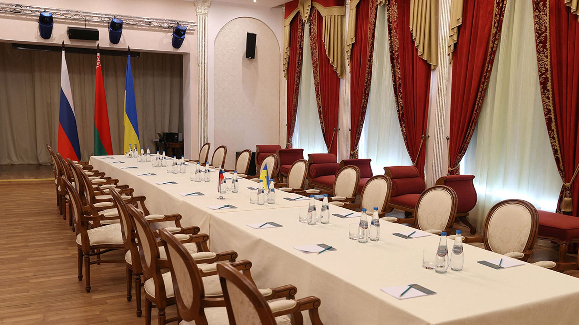 The venue of the forthcoming talks between Russian and Ukrainian delegations is seen, in Rumyantsev-Paskevich Residence in Gomel, Belarus February 28, 2022.  Sergei Kholodilin/BelTA/Handout via REUTERS 