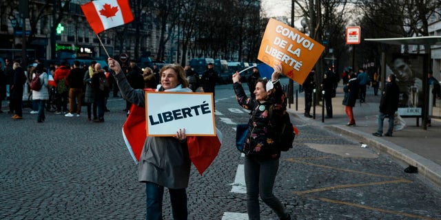 Protesters hold placards at a demonstration in Paris.