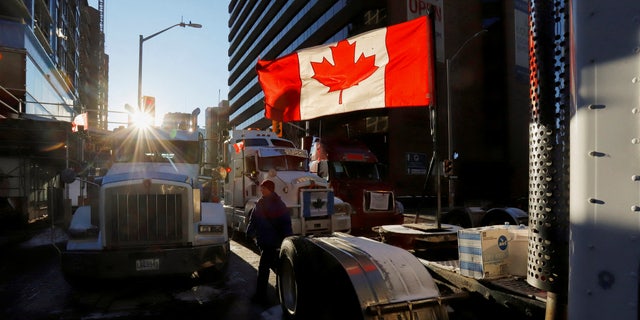 Trucks block a downtown road in Ottawa as truckers and supporters continue to protest COVID-19 vaccine mandates. via Reuters 