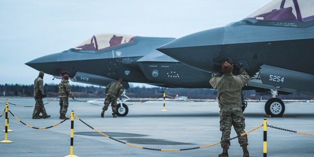 Two U.S. Air Force F-35 Lightning II aircraft assigned to the 34th Fighter Squadron at Hill Air Force Base, Utah, arrive at Amari Air Base, Estonia, Feb. 24, 2022.