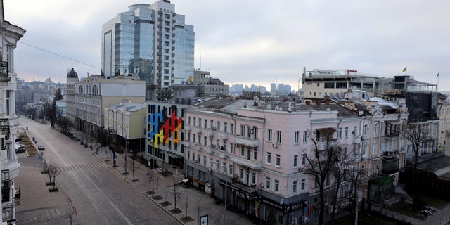 A deserted street is seen after Russia launched a massive military operation against Ukraine, in Kyiv, Ukraine February 26, 2022.