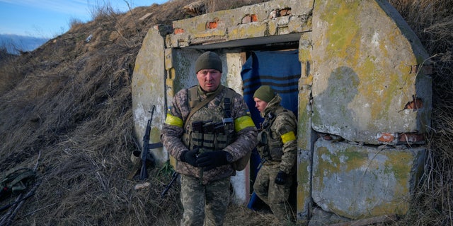 Ukrainian soldiers take position at the Vasylkiv military air base in the Kiev region, Ukraine, on February 26, 2022.