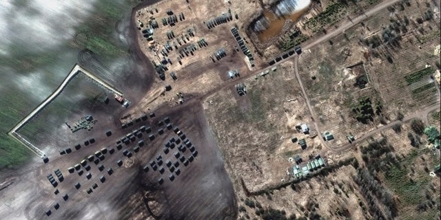 A satellite image shows ground forces equipment and a convoy, in Khilchikha, Belarus February 28, 2022.