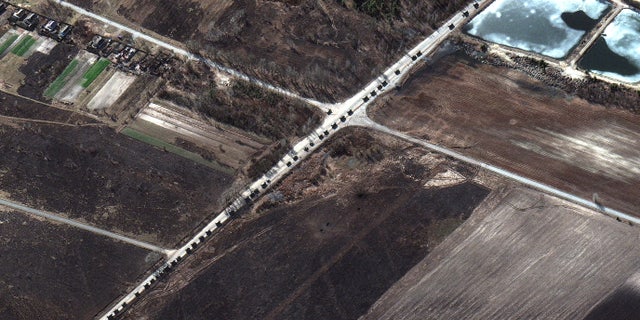 A satellite image shows a military convoy near Invankiv, Ukraine February 28, 2022.