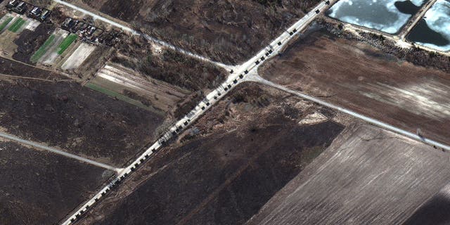 A satellite image shows a military convoy near Invankiv, Ukraine February 28, 2022. Satellite image 2022