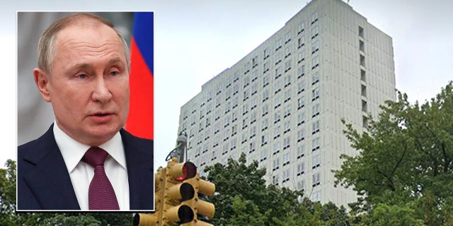 A view of the Russian Diplomatic Compound at 355 West 255th Street; Inset: Russian President Vladimir Putin (Getty Images) 