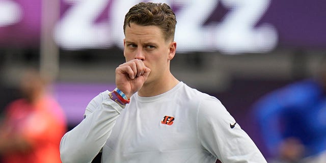 Cincinnati Bengals quarterback Joe Burrow warms up before Super Bowl LVI against the Los Angeles Rams, Feb. 13, 2022, in Inglewood, California.