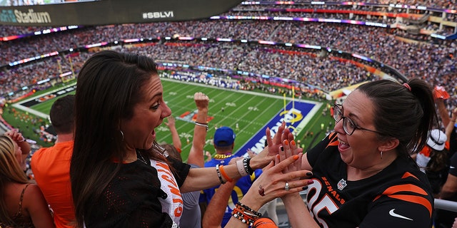 Fans react during the second half of Super Bowl LVI between the Los Angeles Rams and the Cincinnati Bengals at SoFi Stadium on February 13, 2022, in Inglewood, California. 
