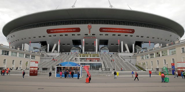 FILE - A general view of the St. Petersburg Stadium prior to the Confederations Cup soccer match between New Zealand and Portugal, in St. Petersburg, Russia, June 24, 2017. The British government led calls Tuesday, Feb. 22, 2022 for the Champions League final to be taken off Russia by European football's governing body to punish its deepening intervention in Ukraine. The showpiece men's game is due to be played in St. Petersburg on May 28 for the biggest sporting event in Russia since the 2018 World Cup.