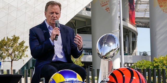 NFL Commissioner Roger Goodell speaks at a news conference Wednesday, Feb.  9, 2022, in Inglewood, Calif.