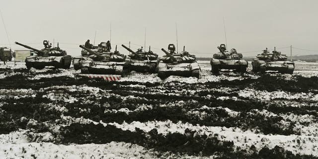 Russian tanks T-72B3 take part in drills at the Kadamovskiy firing range in the Rostov region in southern Russia, Jan. 12, 2022.