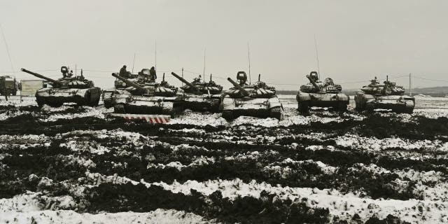 Russian tanks T-72B3 take part in drills at the Kadamovskiy firing range in the Rostov region in southern Russia, Jan. 12, 2022.