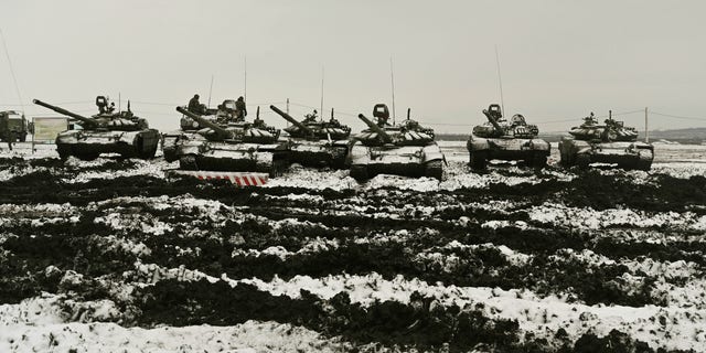 Russian T-72B3 tanks take part in drills at the Kadamovskiy firing range in the Rostov region in southern Russia, Jan. 12, 2022. Amid a buildup of Russian troops near Ukraine, Moscow has denied planning an attack on Ukraine.