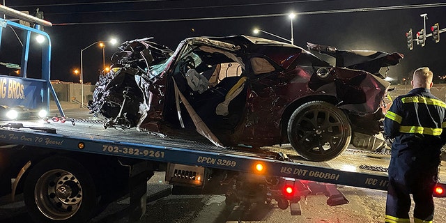 This photo released by the North Las Vegas Police Department shows a Dodge Challenger in North Las Vegas on Saturday, Jan. 29, 2022. (North Las Vegas Police Department via AP)