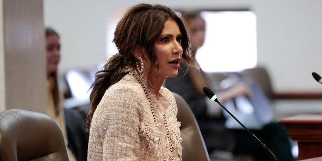 South Dakota Gov. Kristi Noem testifies to a state Senate committee on Wednesday, Feb. 2, 2022, in Pierre, South Dakota.