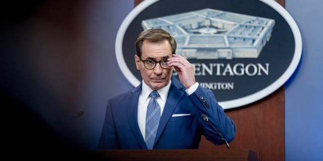 Pentagon spokesman John Kirby takes a question from a reporter during a briefing on Thursday, Feb. 3, 2022.