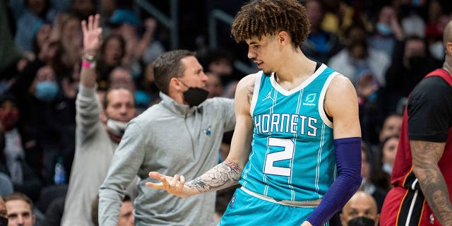 Ball, Murray to replace Durant, Green in NBA All-Star Game 3 Charlotte Hornets guard LaMelo Ball (2) reacts after making a 3-point shot against the Miami Heat during the first half of an NBA basketball game in Charlotte, NC, Saturday, Feb. 5, 2022.