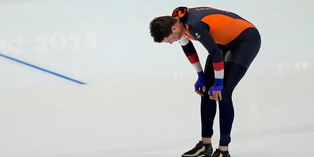 Sven Kramer of the Netherlands reacts after his heat in the men's speedskating 5,000-meter race at the 2022 Winter Olympics, Sunday, Feb. 6, 2022, in Beijing. 