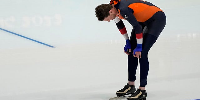 Sven Kramer of the Netherlands reacts after his heat in the men's speedskating 5,000-meter race at the 2022 Winter Olympics, Sunday, Feb. 6, 2022, in Beijing.