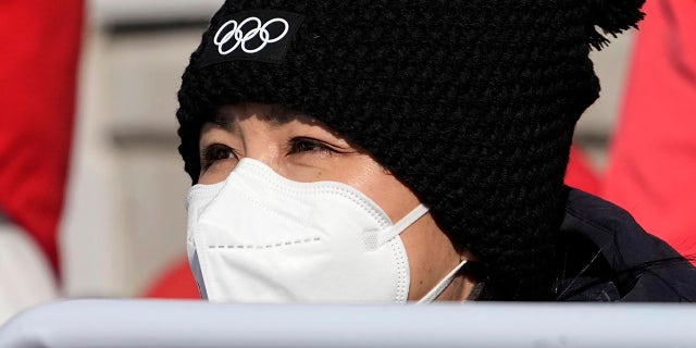 China's Peng Shuai watches the women's freestyle skiing big air finals at the 2022 Winter Olympics, Feb. 8, 2022, in Beijing.