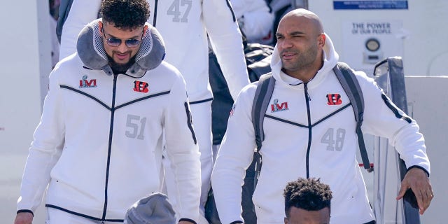 Bengals now feel they're in Super Bowl after flying to LA 3 Cincinnati Bengals' Markus Bailey (51) and Austin Calitro arrive at Los Angeles International Airport Tuesday, Feb. 8, 2022, in Los Angeles. The Bengals face the Los Angeles Rams in Super Bowl LVI on Sunday, Feb. 13, 2022.