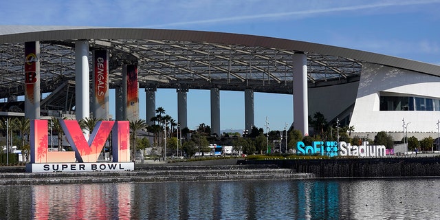 The exterior of SoFi Stadium is seen days before the Super Bowl NFL football game Tuesday, Feb. 8, 2022, in Inglewood, Calif. The Los Angeles Rams will play the Cincinnati Bengals in the Super Bowl Feb. 13. 