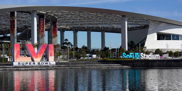 The exterior of SoFi Stadium is seen days before the Super Bowl NFL football game Tuesday, Feb. 8, 2022, in Inglewood, Calif. The Los Angeles Rams will play the Cincinnati Bengals in the Super Bowl Feb. 13.