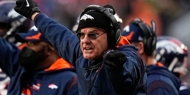 FILE - Denver Broncos defensive coordinator Ed Donatell reacts against the Kansas City Chiefs during an NFL football game Saturday, Jan. 8, 2022, a Denver. Donatell has agreed to become the defensive coordinator of the Minnesota Vikings under head-coach-to-be Kevin O'Connell, according to a person with knowledge of the decision. The person spoke to The Associated Press on condition of anonymity on Thursday, Feb. 10, 2022, because the Vikings have not yet announced the hire.