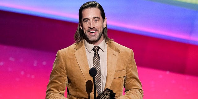 Aaron Rodgers of the Green Bay Packers receives the AP Most Valuable Player of the Year Award at the NFL Honors show, Feb. 10, 2022, in Inglewood, California.