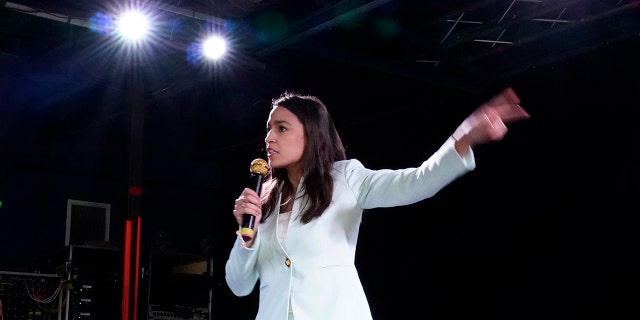 U.S. Rep. Alexandria Ocasio-Cortez speaks at a rally for Democratic Congressional candidates Jessica Cisneros and Greg Casar, Saturday, Feb. 12, 2022, in San Antonio. (AP Photo/Eric Gay)