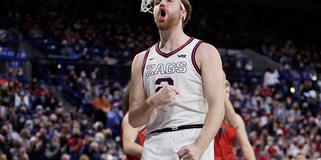 Gonzaga forward Drew Timme celebrates after scoring a basket during the second half of the team's NCAA college basketball game against Saint Mary's, Saturday, Feb. 12, 2022, in Spokane, Wash. Gonzaga won 74-58.