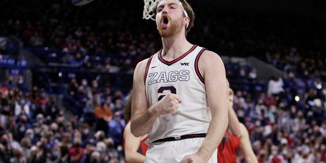 Gonzaga forward Drew Timme celebrates after scoring a basket during the second half of the team's NCAA college basketball game against Saint Mary's, Saturday, Feb. 12, 2022, in Spokane, Wash. Gonzaga won 74-58.