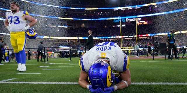 Los Angeles Rams wide receiver Cooper Kupp (10) reacts after the Rams defeated the Cincinnati Bengals in the Super Bowl Feb. 13, 2022, in Inglewood, Calif.