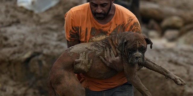 A man carries a dog away from a residential area destroyed by mudslides in Petropolis, Brazil, Wednesday, Feb. 16, 2022.