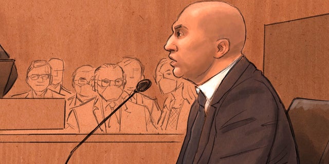 In this courtroom sketch, former Minneapolis Police Officer J. Alexander Kueng testifies during his trial in the killing of George Floyd in federal court in St. Paul, Minn., on Wednesday, Feb. 16, 2022.