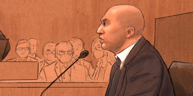 In this courtroom sketch, former Minneapolis Police Officer J. Alexander Kueng testifies during his trial in the killing of George Floyd in federal court in St. Paul, Minn., on Wednesday, Feb. 16, 2022.