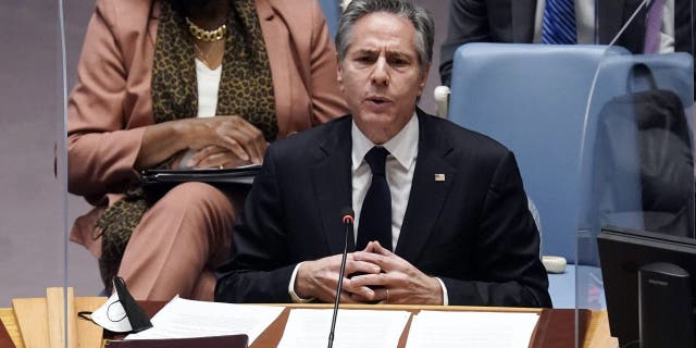U.S. Secretary of State Antony Blinken addresses the United Nations Security Council, Thursday, Feb. 17, 2022. (AP Photo/Richard Drew)