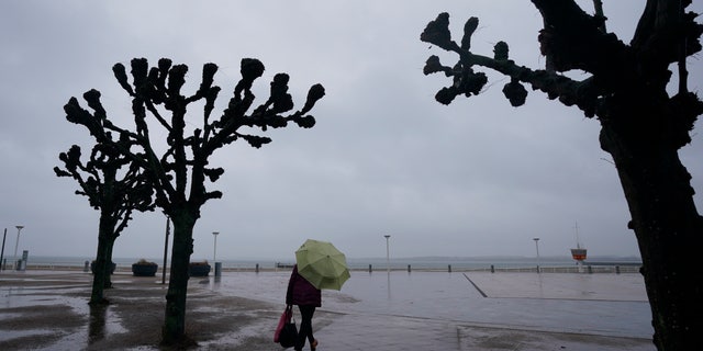 A passerby walks in the rain along the deserted promenade at the Baltic Sea in Travemuende, Germany, Friday, Feb. 18, 2022.