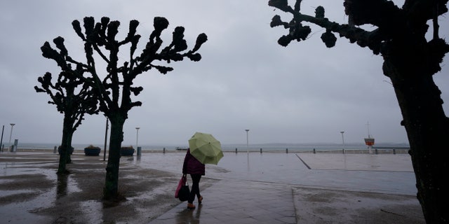 A passerby walks in the rain along the deserted promenade at the Baltic Sea in Travemuende, Germany, Friday, Feb. 18, 2022.